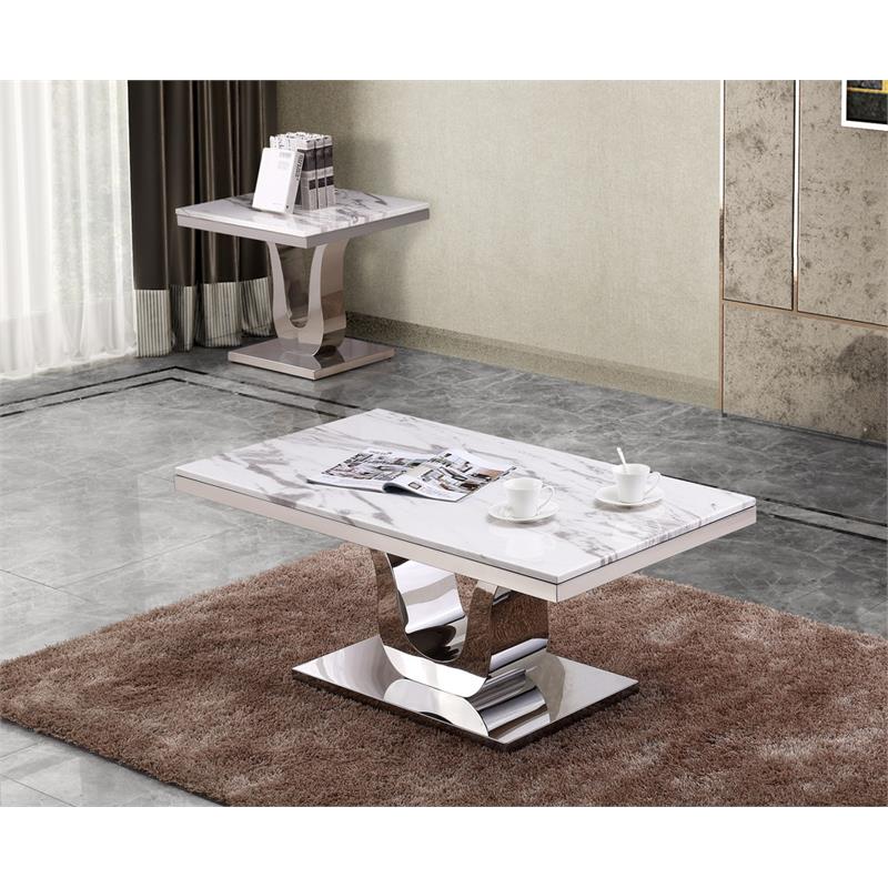 Genuine White Marble 2pc Coffee Table Set with Silver Stainless Steel Base