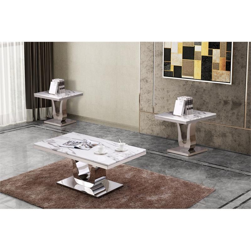 Genuine White Marble 3pc Coffee Table Set with Silver Stainless Steel Base