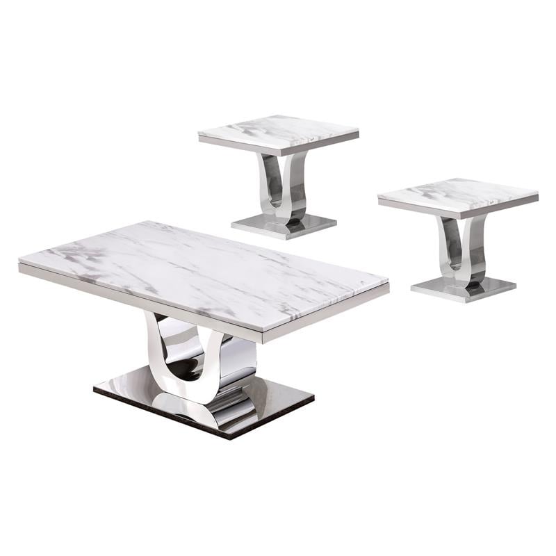 Genuine White Marble 3pc Coffee Table Set with Silver Stainless Steel Base