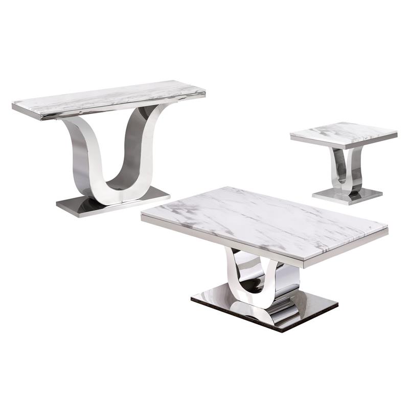 Genuine White Marble 3pc Coffee Table Set with Silver Stainless Steel Base