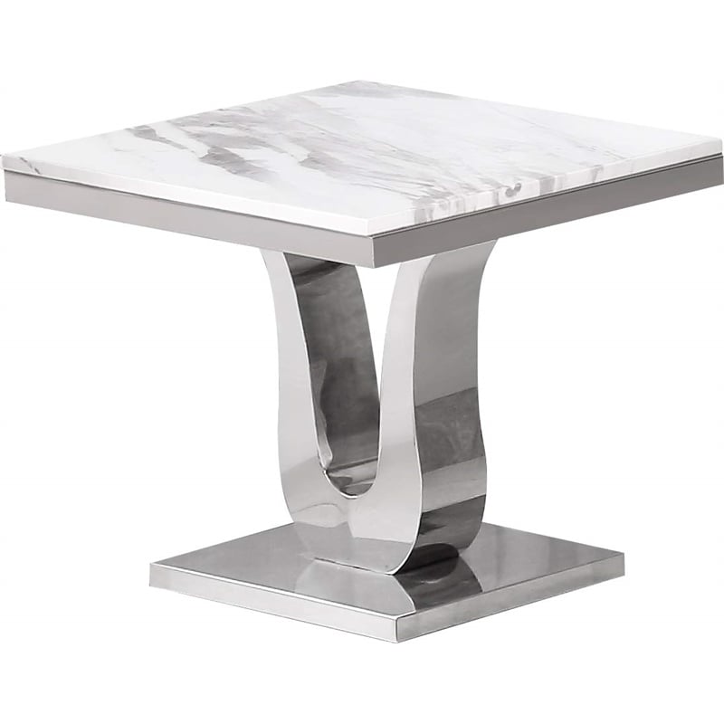 Genuine White Marble End Table with Silver Stainless Steel Base
