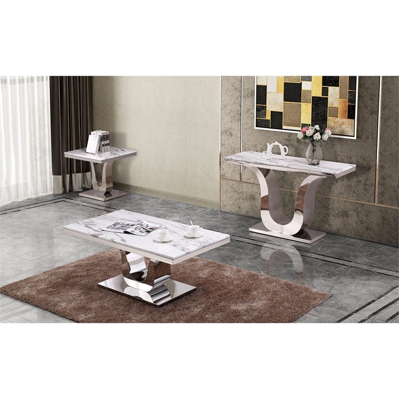 Genuine White Marble End Table with Silver Stainless Steel Base