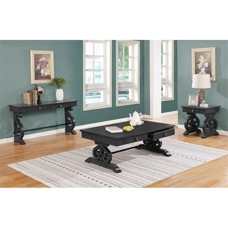 Traditional Coffee Table in Rustic Dark Gray Wood and 2 Storage Drawers
