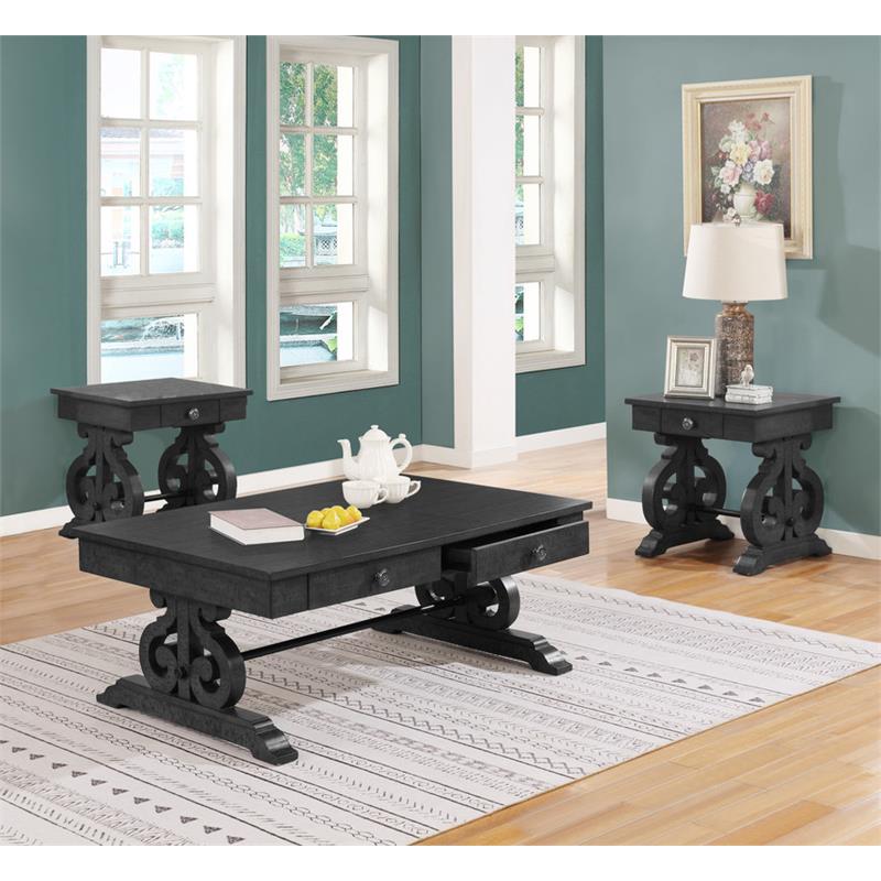Traditional 3pc Coffee Table Set in Rustic Dark Gray Wood with Drawer Storage