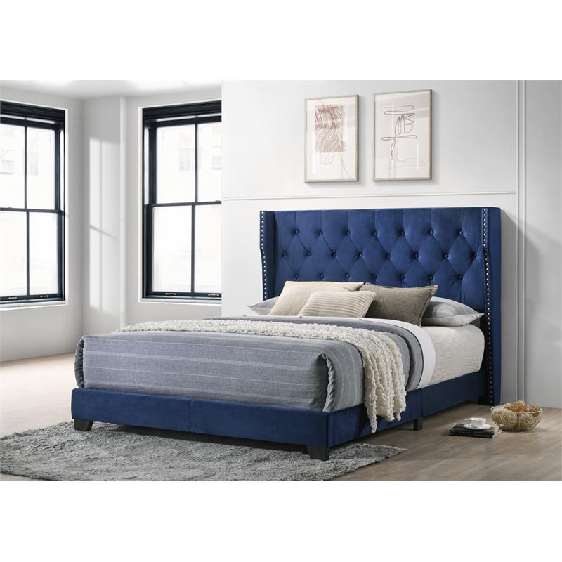 Navy Blue Velvet Panel Bed with Tufted Headboard in Eastern King Homesquare
