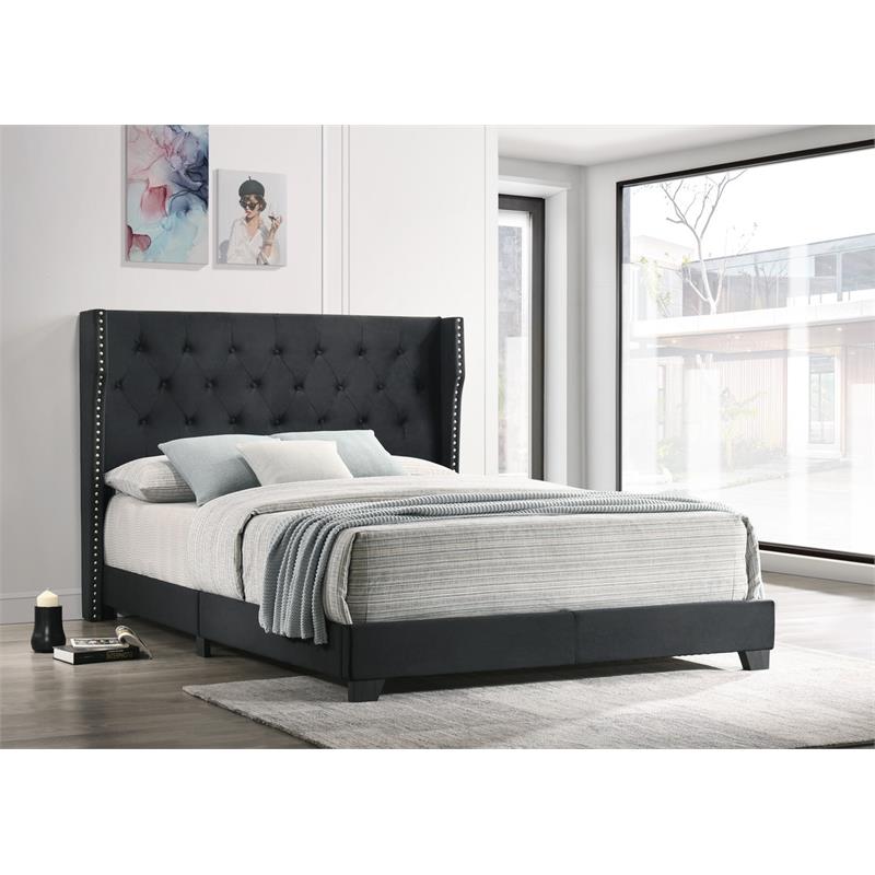 Black Velvet Panel Bed with Tufted Headboard in Full Size