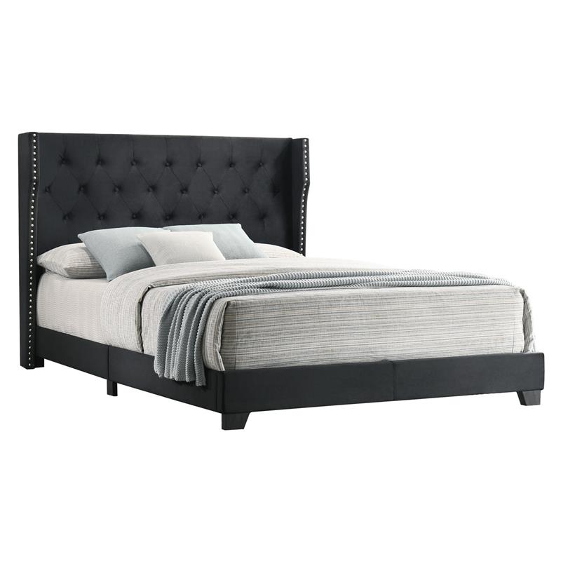 Black Velvet Panel Bed with Tufted Headboard in Full Size
