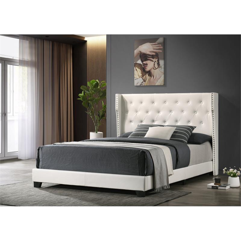 White Faux Leather Panel Bed with Tufted Headboard in Eastern King