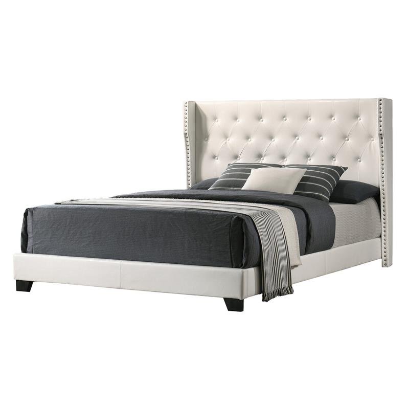 White Faux Leather Panel Bed with Tufted Headboard in Eastern King