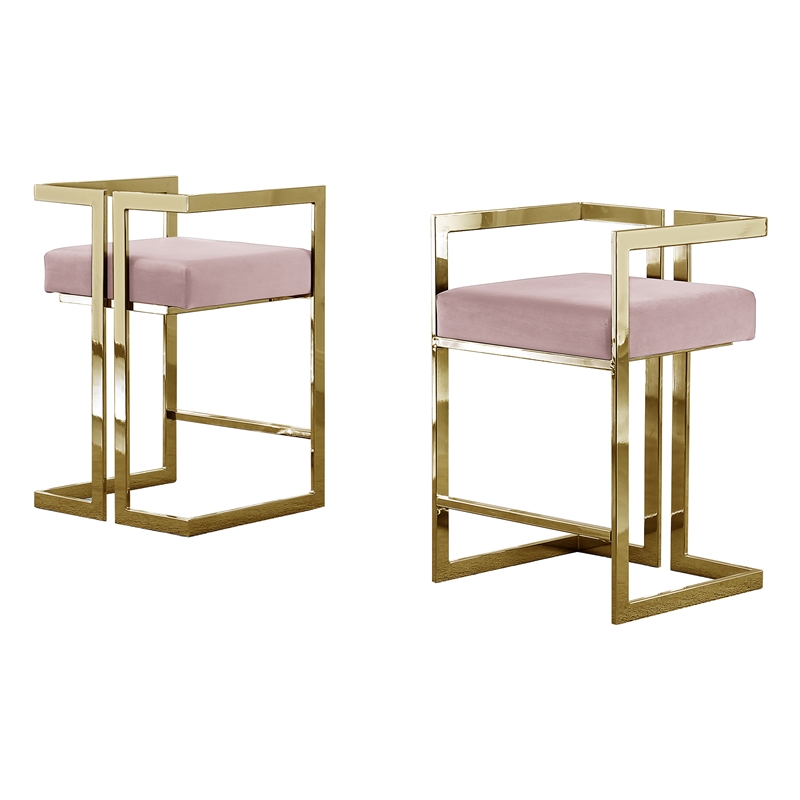 24" Counterheight Pink Velvet Chairs with Gold Chrome Frame (Set of 2