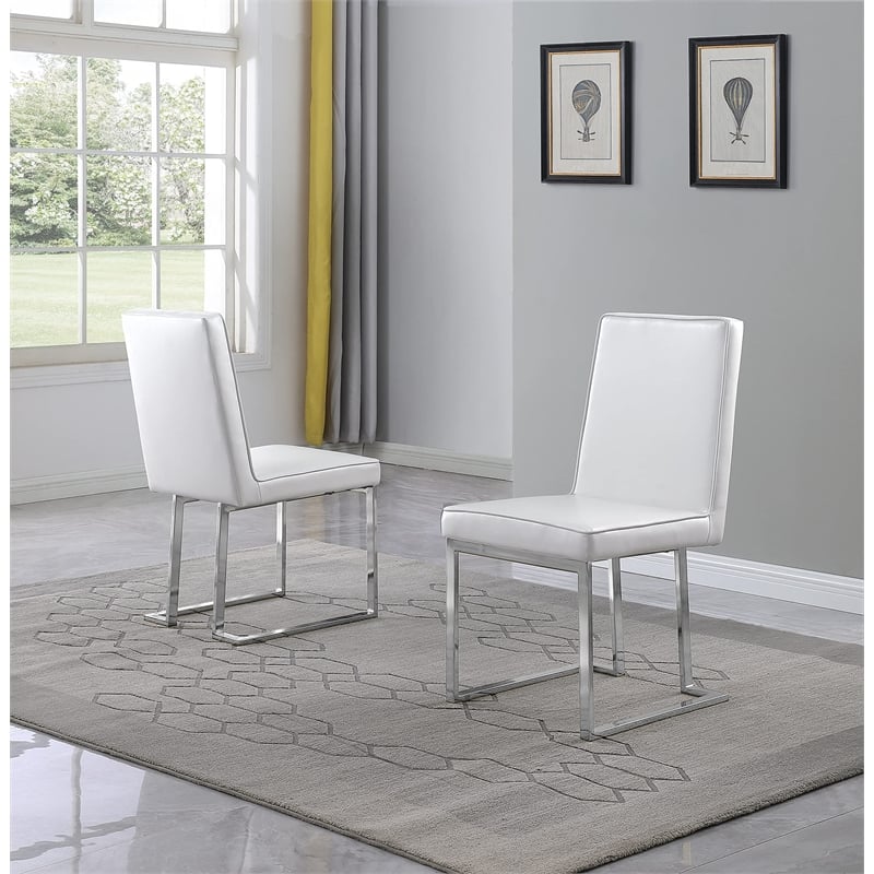 Simplistic White Faux Leather Side Chairs with Silver Chrome Base (Set of 2)