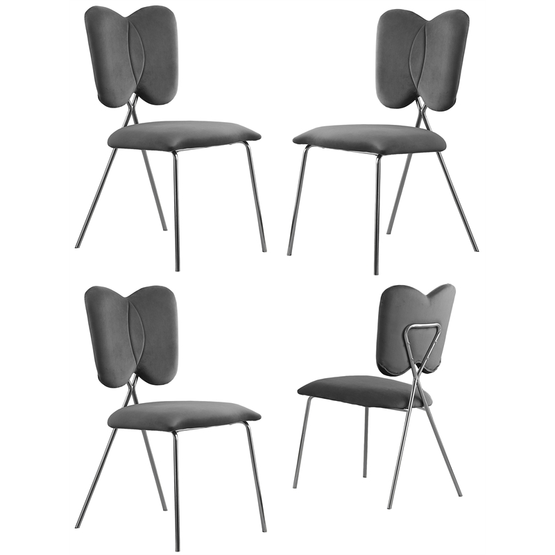 Winged Side Chairs with Dark Gray Velvet and Silver Chrome Base (Set of 4)