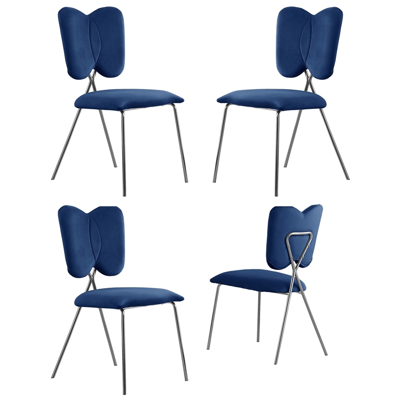 Winged Side Chairs with Navy Blue Velvet and Silver Chrome Base (Set of 4)