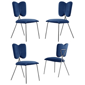 Winged Side Chairs with Navy Blue Velvet and Silver Chrome Base (Set of 4)