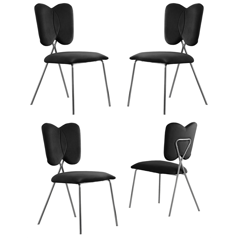 Winged Side Chairs with Black Velvet and Silver Chrome Base (Set of 4)