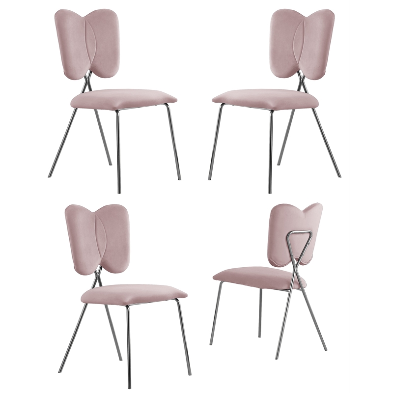 Winged Side Chairs with Pink Velvet and Silver Chrome Base (Set of 4)