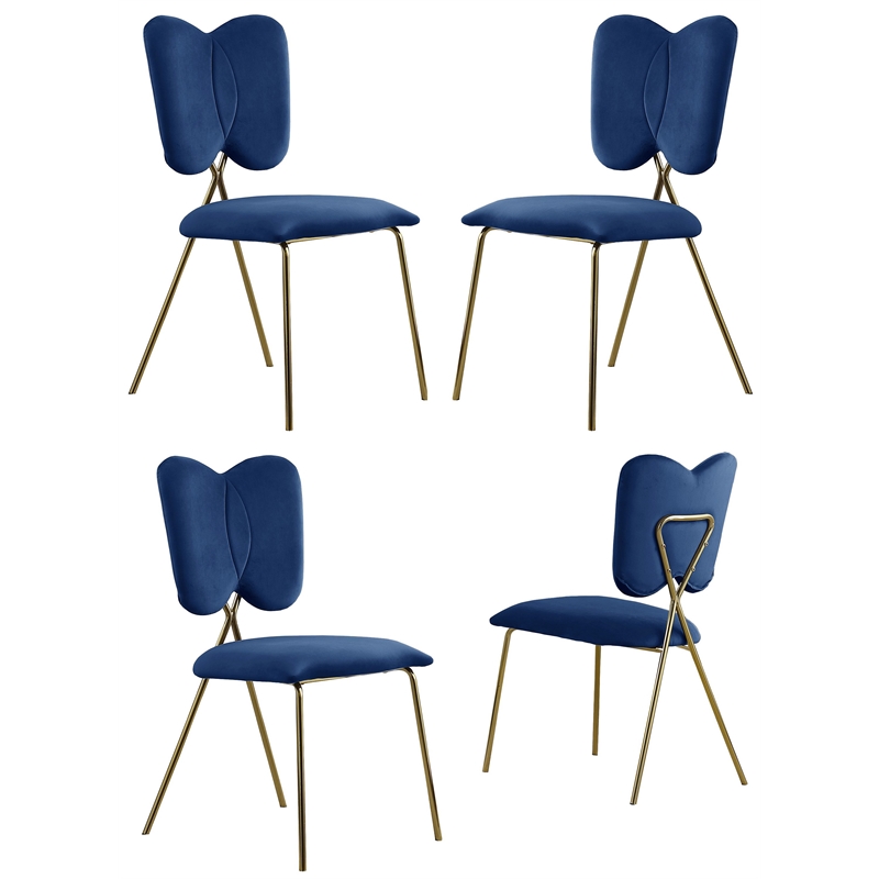 Winged Side Chairs with Navy Blue Velvet and Gold Chrome Base (Set of 4)