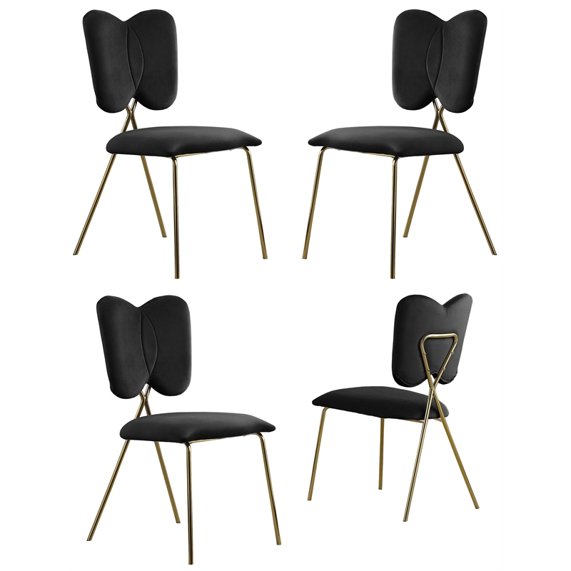 Winged Side Chairs with Black Velvet and Gold Chrome Base (Set of 4)