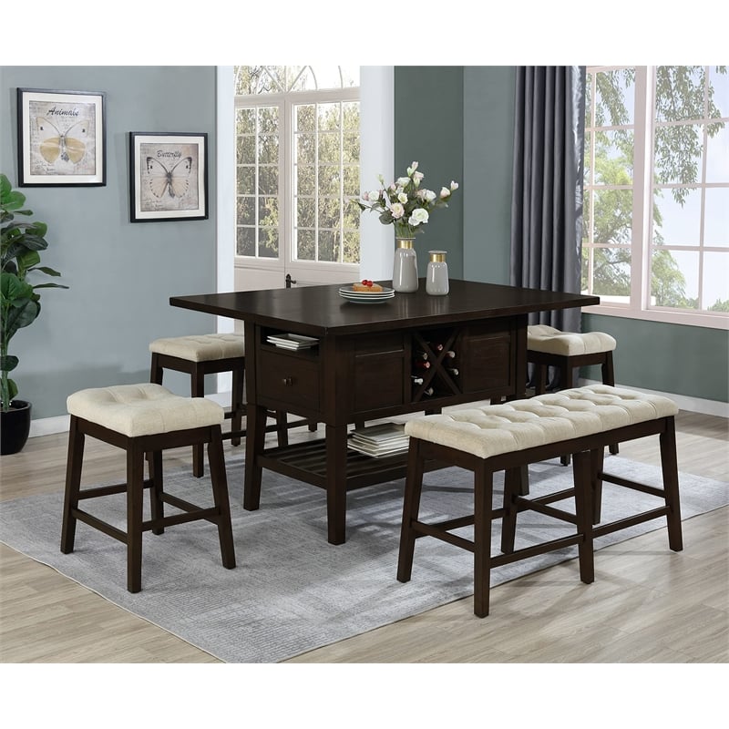 Cappuccino Wood Counterheight Dining Bench with Beige Linen Fabric