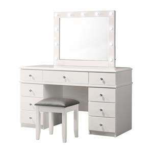 classic white wood vanity set with vanity + stool + mirror and beauty lights