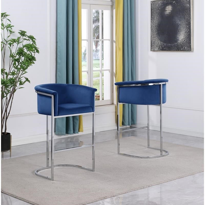 Navy Blue Velvet Counterheight Chair (Single) with Silver Metal Chrome Base