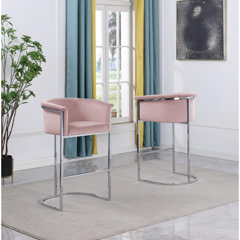 Pink Velvet Counterheight Chair (Single) with Silver Metal Chrome Base
