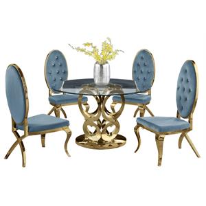 gold stainless steel 5 piece dining set with round clear glass table and chairs