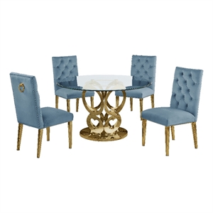 gold stainless steel 5 piece dining set with round clear glass table and chairs