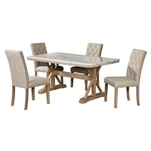 rustic natural wood 5pc dining set with a faux marble top table and beige chairs