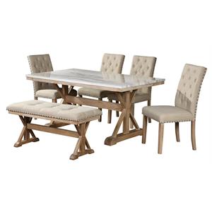 rustic natural wood 6pc dining set with a faux marble table + 4 chairs + bench