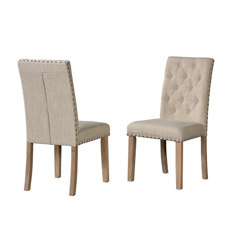 Rustic Natural Wood Dining Chairs (Set of 2) with Beige Linen Fabric
