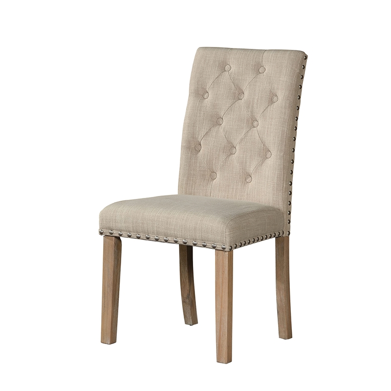 Rustic Natural Wood Dining Chairs (Set of 2) with Beige Linen Fabric