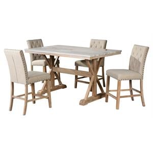 counterheight 5pc rustic natural wood dining set with faux marble and chairs