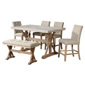 counterheight 6pc rustic natural wood dining set w faux marble + chairs + bench