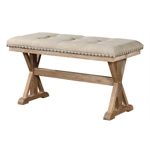 counterheight rustic natural wood dining bench with beige linen fabric