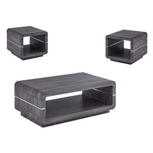 contemporary 3pc wood coffee table set in walnut gray wrap