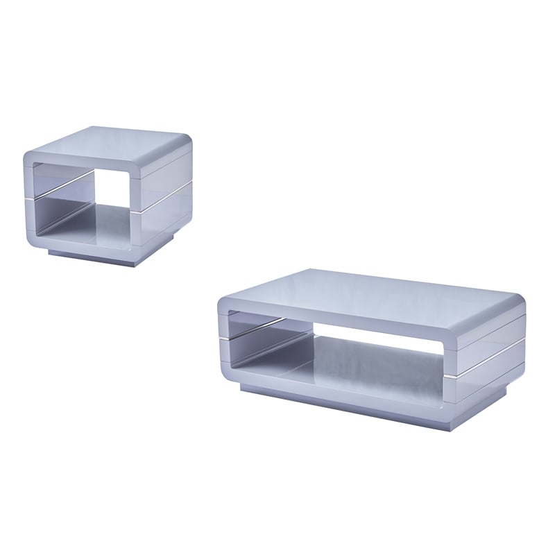 Contemporary 2pc Wood Coffee Table Set in Glossy Light Gray