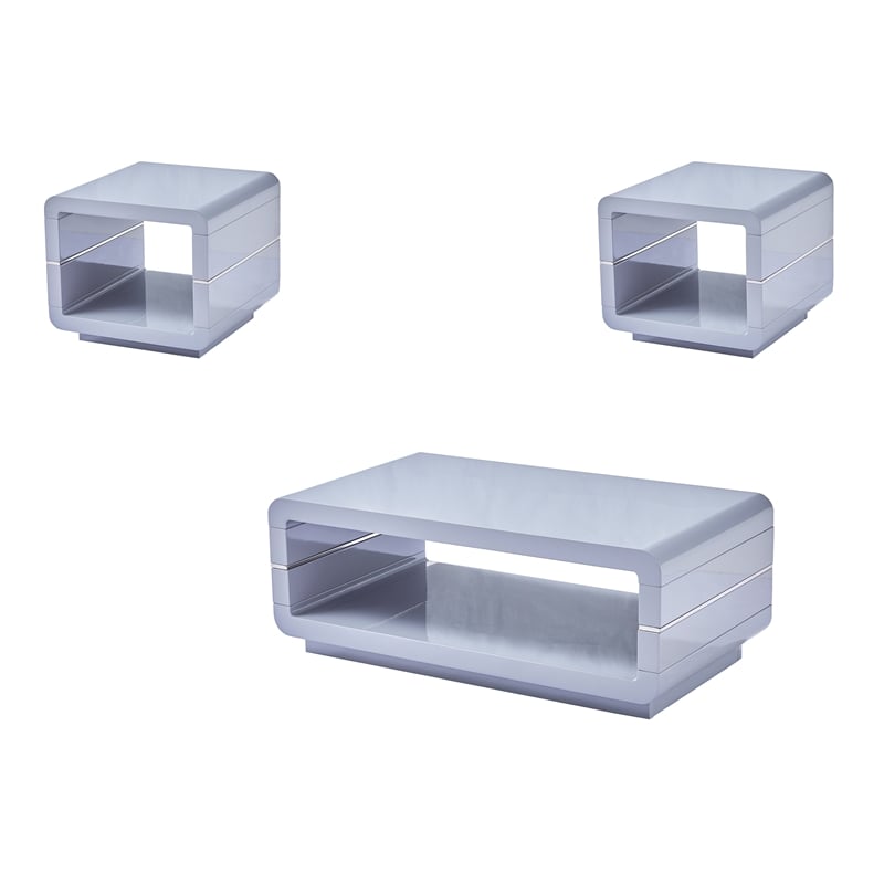 Contemporary 3pc Wood Coffee Table Set in Glossy Light Gray