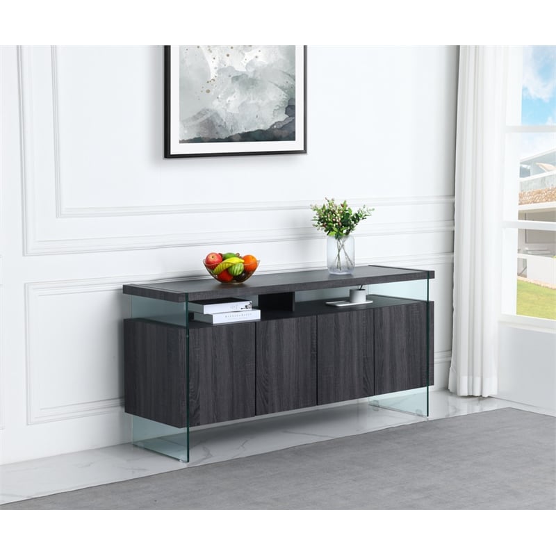 Walnut Wood 4 Door Server with Internal Storage and Glass Legs