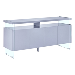 glossy light gray 4 door server with internal storage and glass legs