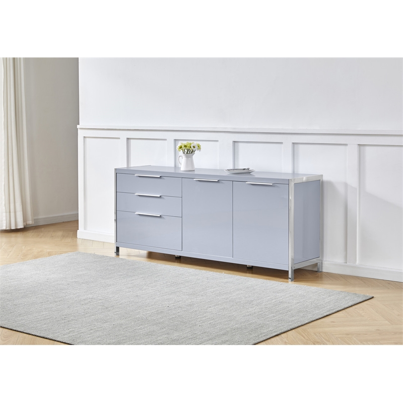 Glossy Light Gray Storage Cabinet with 5 Compartments and Stainless Steel