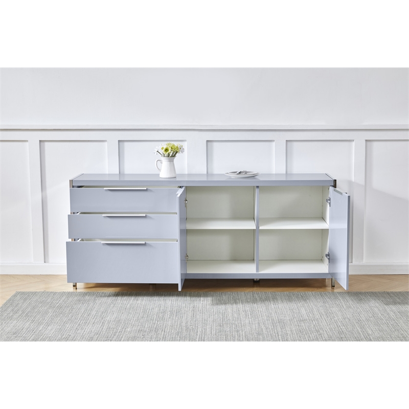 Glossy Light Gray Storage Cabinet with 5 Compartments and Stainless Steel