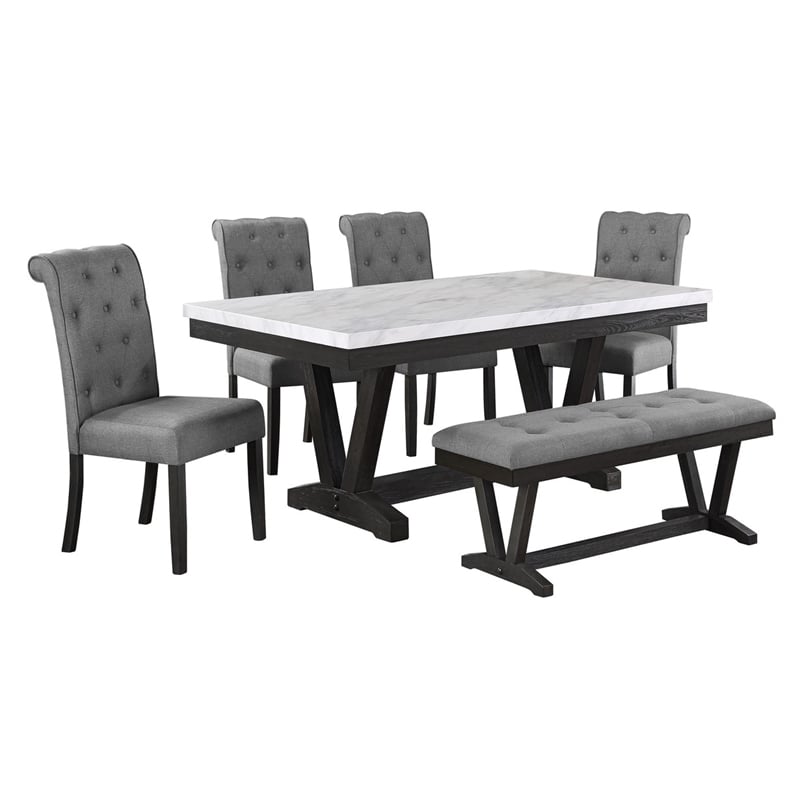 Weathered Gray Wood Dining Bench with Gray Fabric