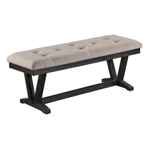 weathered gray wood dining bench with beige fabric