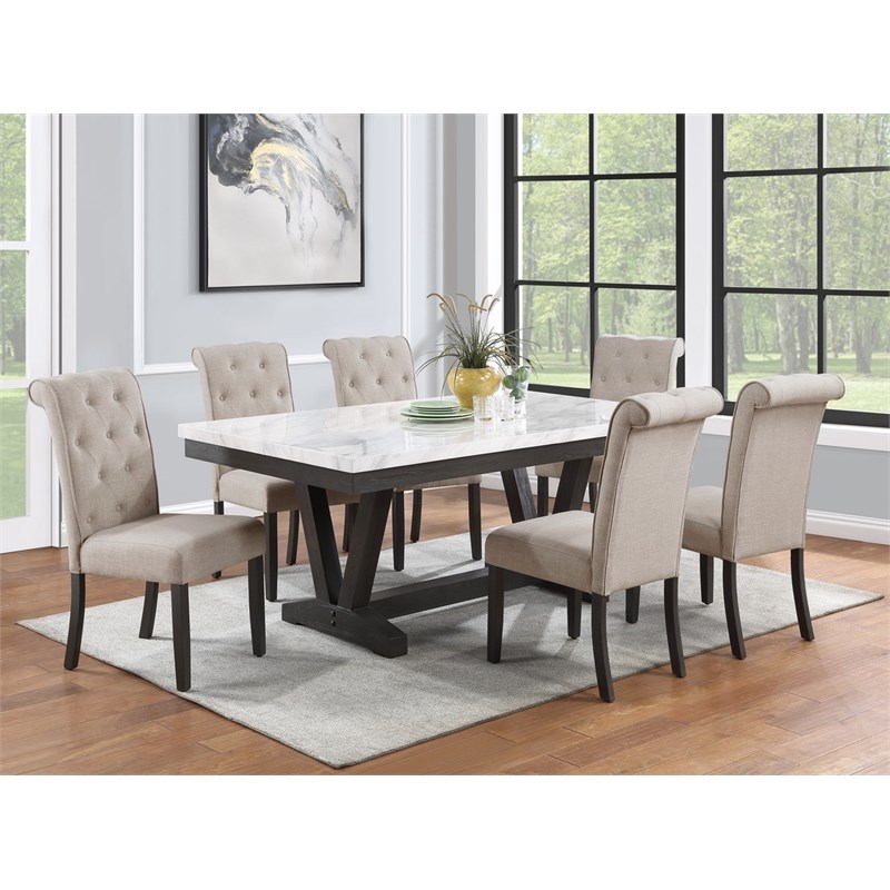 Weathered Gray Wood 7pc Dining Set with Beige Chairs