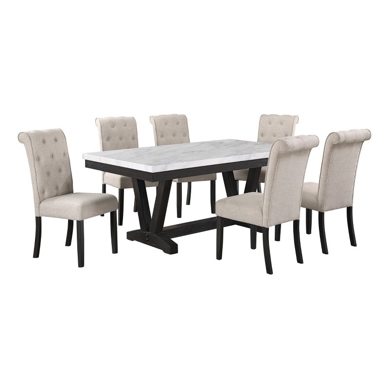 Weathered Gray Wood 7pc Dining Set with Beige Chairs