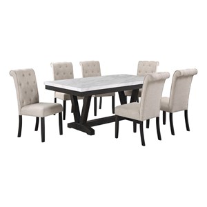 Weathered Gray Wood 7pc Dining Set with Beige Chairs
