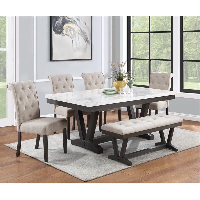 Weathered Gray Wood 6pc Dining Set with Beige Chairs