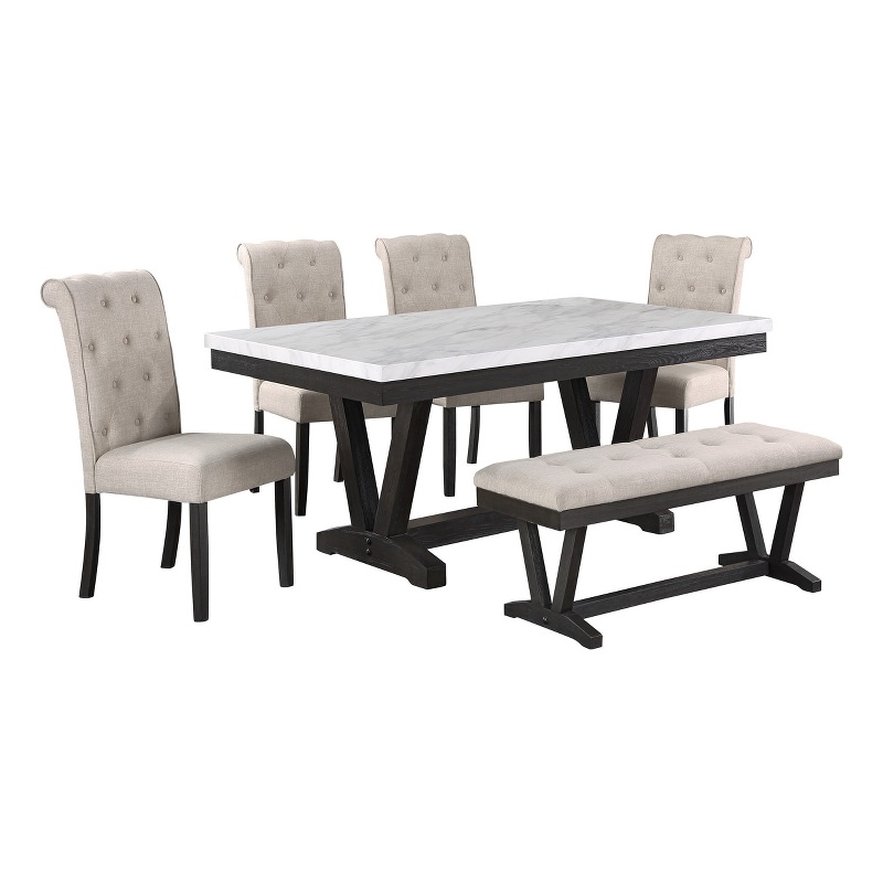 Weathered Gray Wood 6pc Dining Set with Beige Chairs