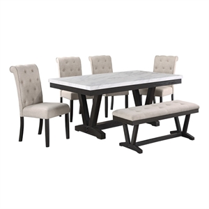 Weathered Gray Wood 6pc Dining Set with Beige Chairs